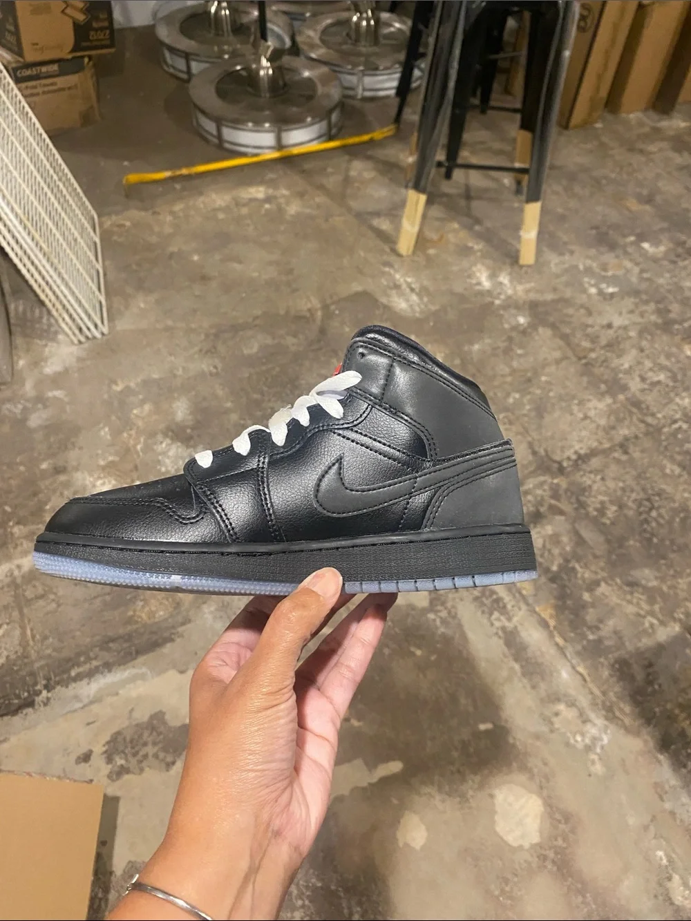 Nike Air Jordan 1 Mid - Black with White Laces and Red Tongue